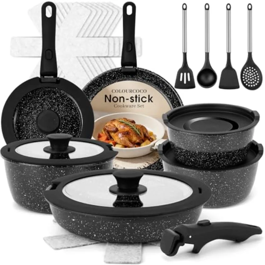 Pots and Pans Set - Non Stick 25 Pieces Cookware Set Pots and Pans with Detachable Handles, Includes Pans, Pots, Utensils, Triv