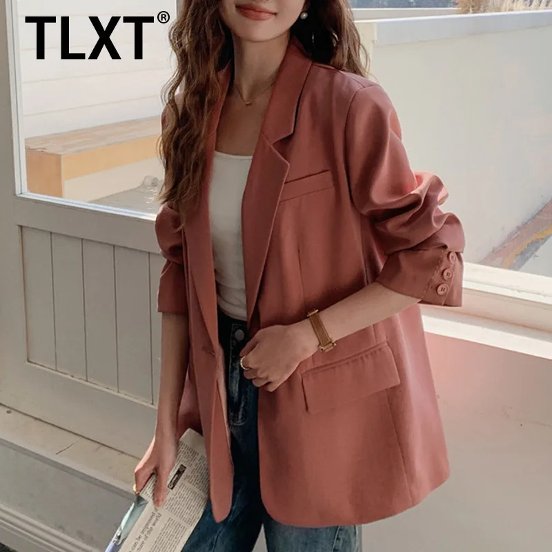 

TLXT модный женский элегантный стильный пиджак большого размера, розовый повседневный пиджак с зубчатыми лацканами и одной пуговицей, новинка осени 2023 г.
