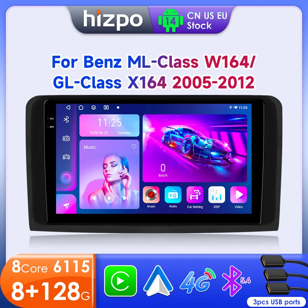 Hizpo 2din Car Monitor For Mercedes Benz ML W164 X164 ML350 ML300 GL500 ML320 ML280 GL350 Autoradio CarPlay Android 14 GPS 6115