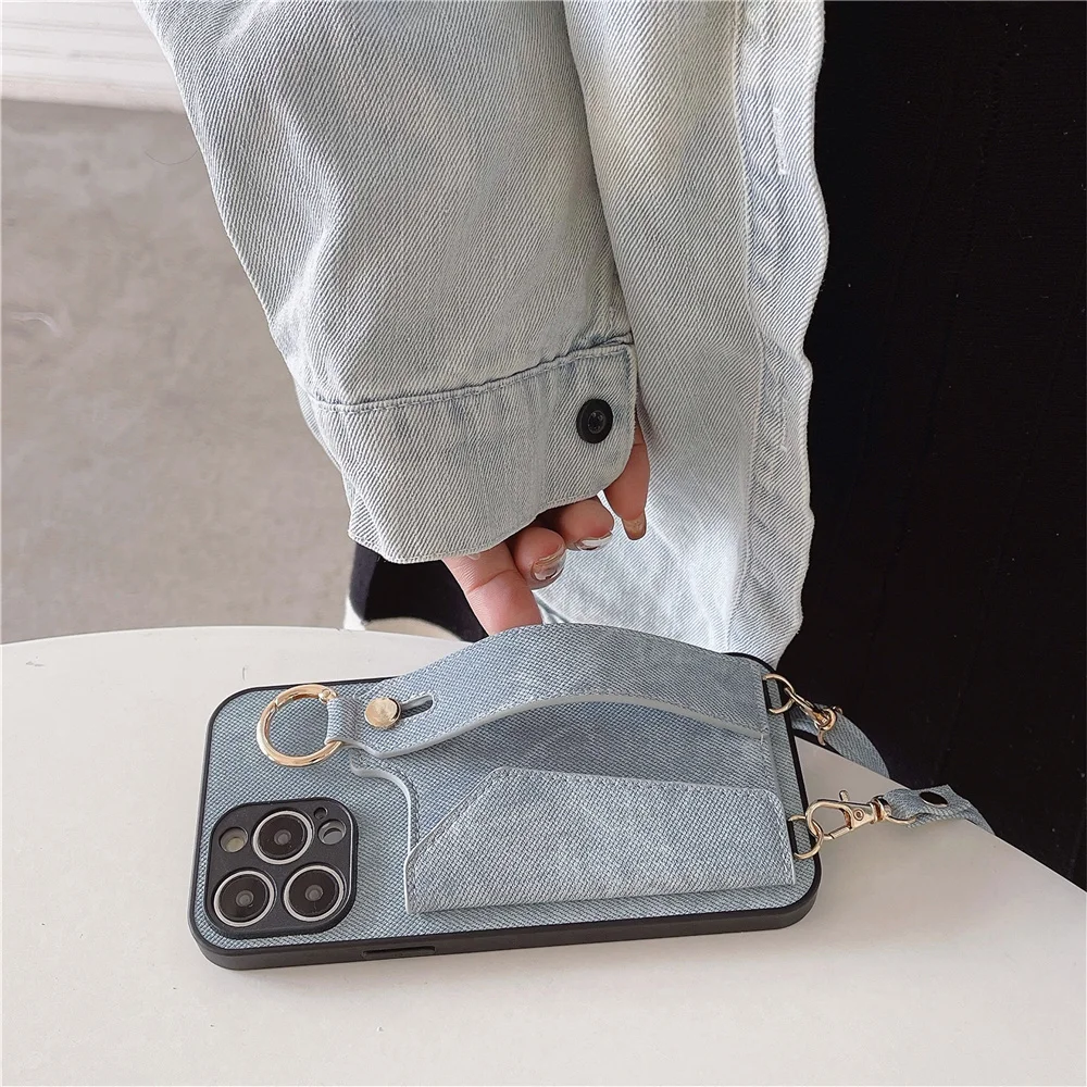 Fashion Card Pocket Wallet phone Case For Apple iPhone 15 pro 14 11 12 13 Pro Max cases denim Leather Anti-fall Wrist band Cover