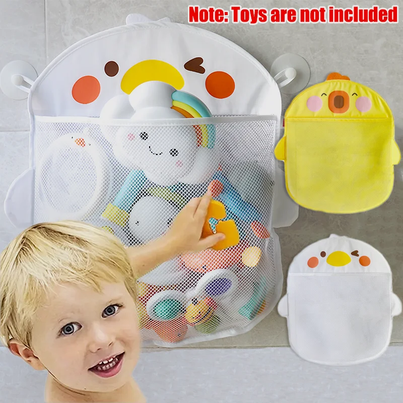 Cute Duck Mesh Net Toy Storage Bag - Perfect for Baby Bath Games & Bathroom Organization - With Suction Cups for Easy Storage