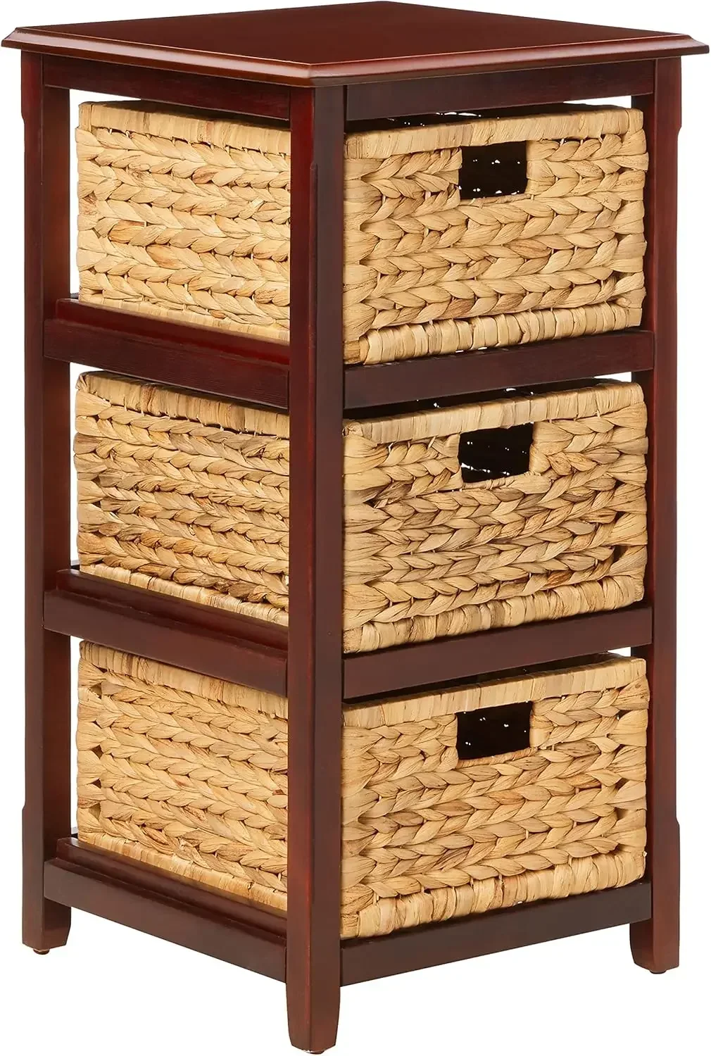 Home Furnishings Seabrook Storage Tower with Solid Wood Frame and Natural Baskets, 3-Drawer, Espresso Finish