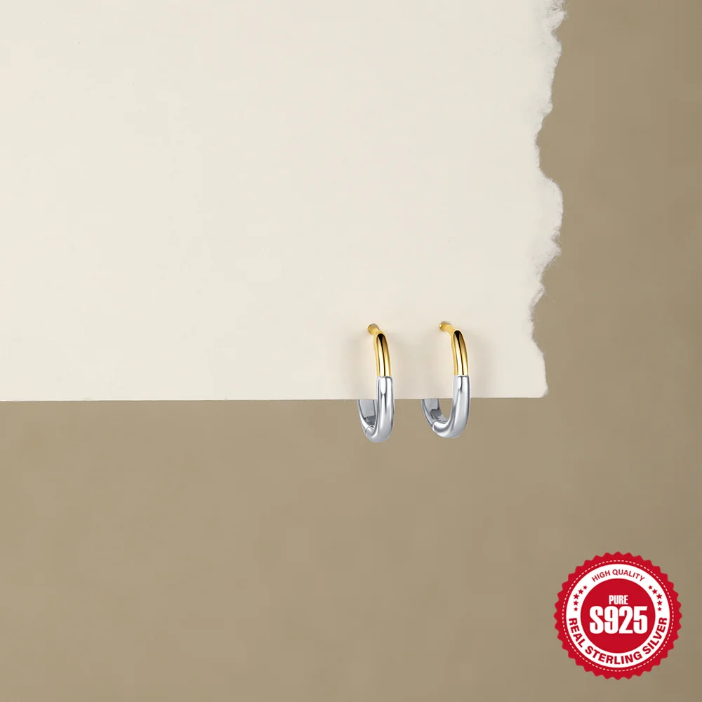 AIDE 925 Sterling Silver Glossy Square Metal Style Round Shiny Gold and Silver Color Block Splicing Classic Women's Earrings