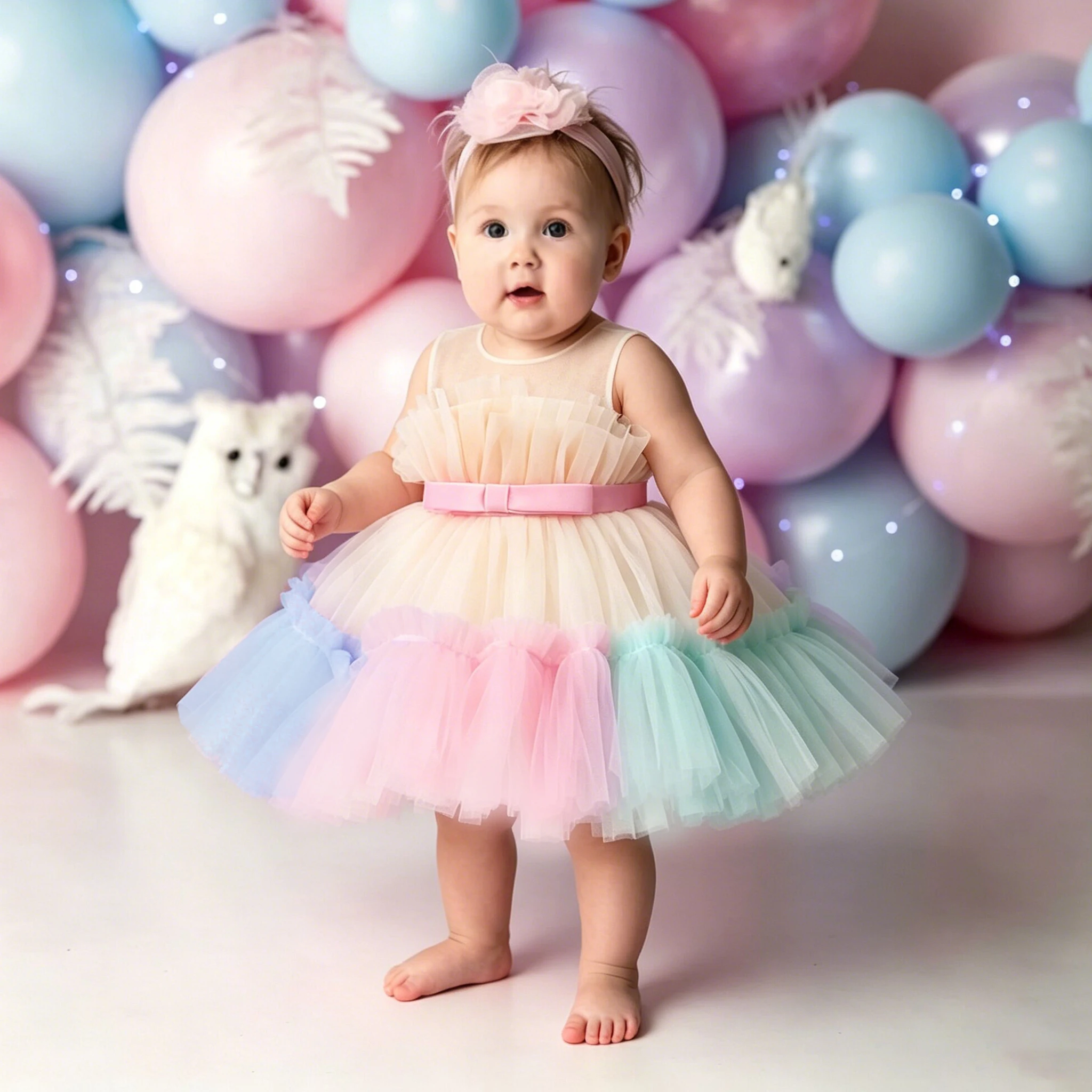 Kleinkind Baby Mädchen Schleifenkleid für Partys Elegantes Regenbogen-Kleid zum 1. Geburtstag Hochzeit Prinzessinnenkleid Mädchen Tüll Brautjungfernkleid Festliches Kostüm