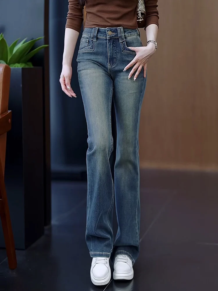 

High Waist Slim Fit Retro Bell Bottom Jeans Women's Spring Autumn New Style Small Size Dreamy Elegant Casual Breathable Wear ...