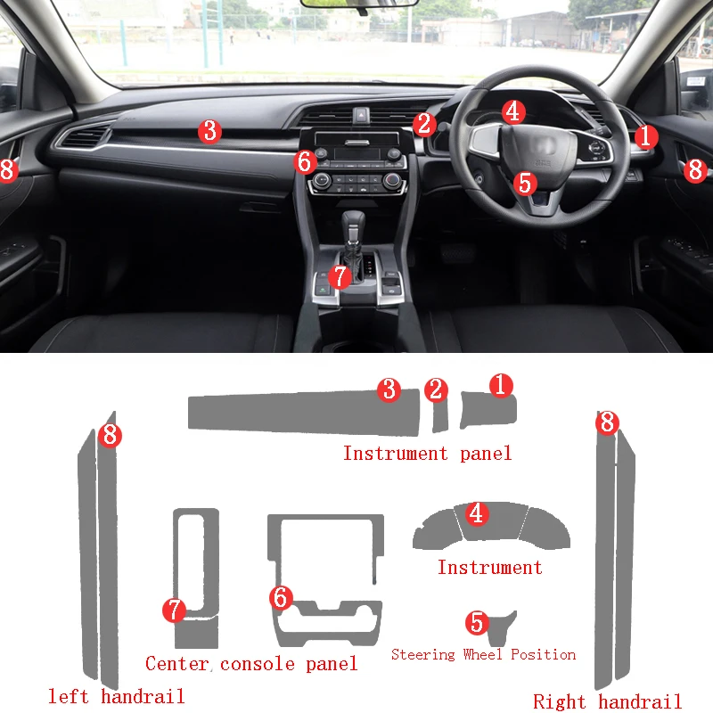 For Honda Civic Interior Center Console Air Panel Steering Wheel Panel Tpu transparent Anti- Scratch Protective Film