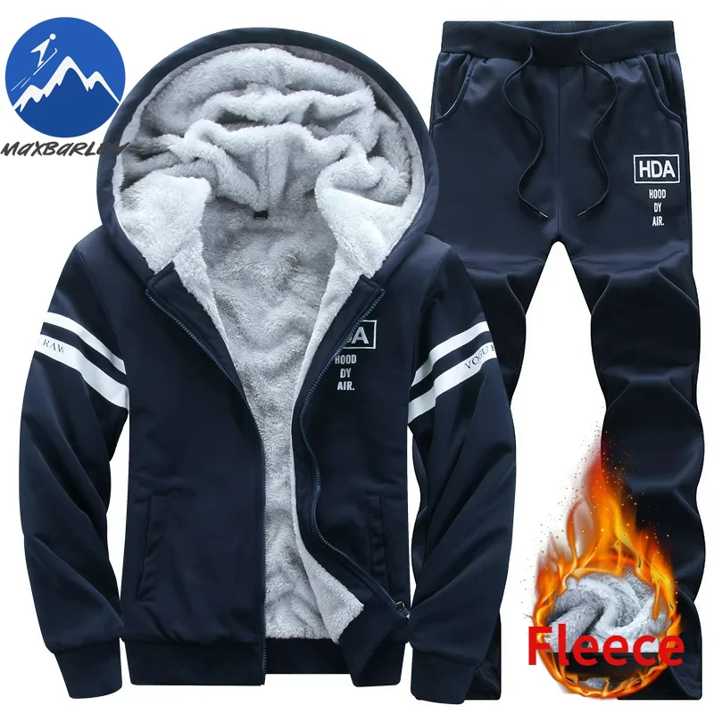 

2025 Large Winter Mens Casual Sports Plush Set Hooded Coat + Pants Korean Edition Warm Thick Two Piece Set Fleece Clothes Men