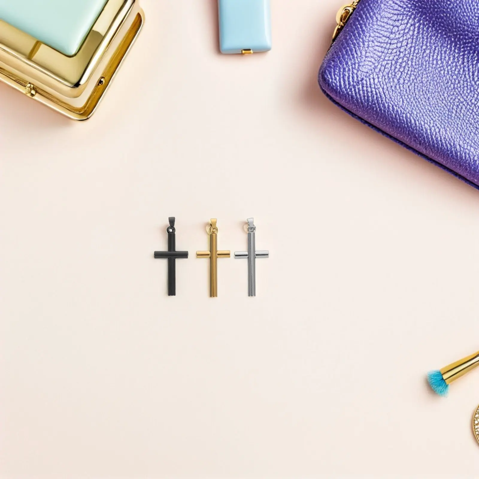 

6Pcs Miniature Cross Pendant Set Gold Plated Stainless Steel Small Crucifix Charms for Religious Jewelry Making DIY Faith Charm