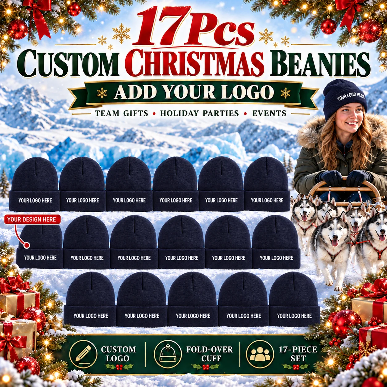 17pcs Custom-logo knitted beanies—unisex winter hats perfect for Christmas team events, corporate gifts, and holiday parties