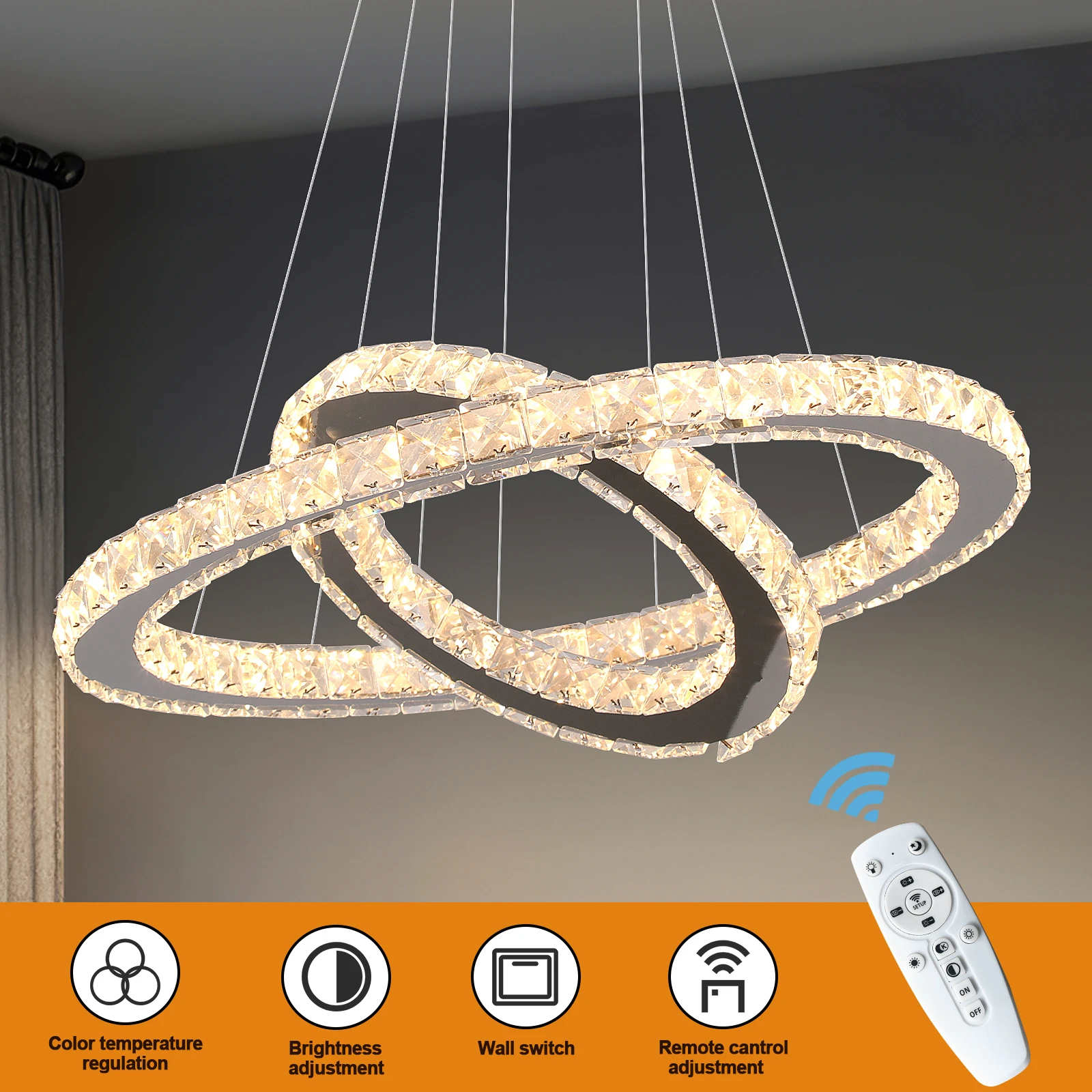 Plafonnier LED en Clip avec Anneaux Réglables et Télécommande, Luminaire Décoratif d\'Nik, Idéal pour un Salon ou une Chambre à Coucher