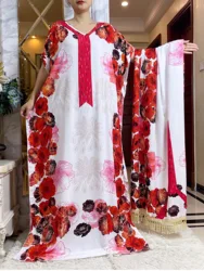 New Summer Party Dress Short Sleeve With Big Scarf Printing Floral Loose Boubou Maxi Islam Women African Abaya Clothing