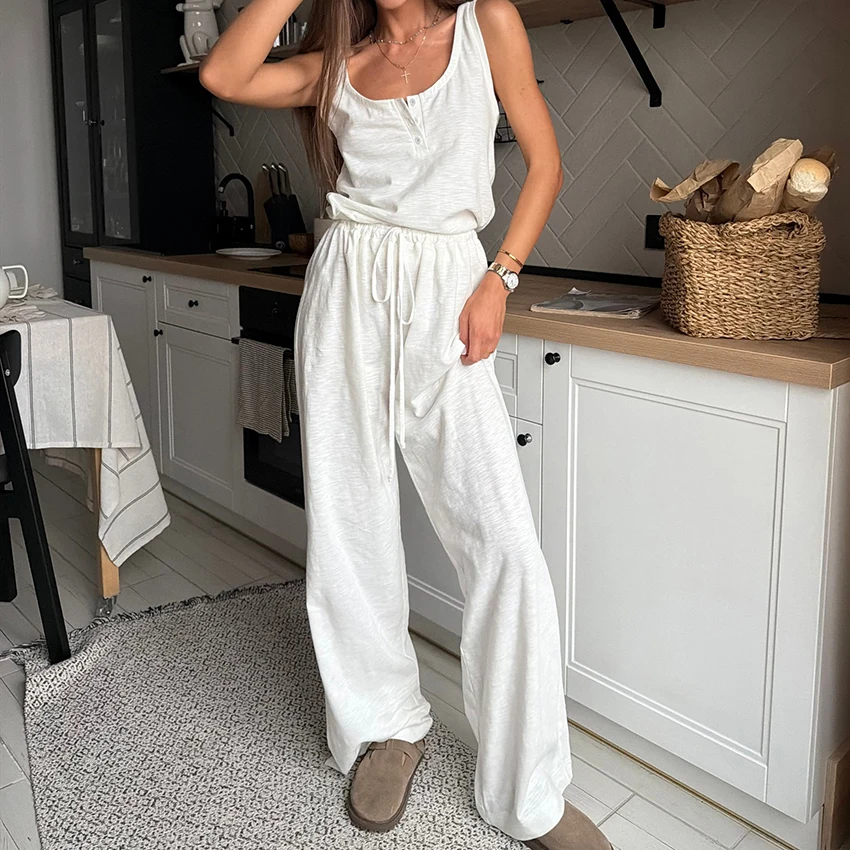 HiLoc White Casual Knitted Elastic Women'S Pajamas Two-Piece Sleeveless Button Vest Top Drawstring Full Length Pants 2026 Autumn