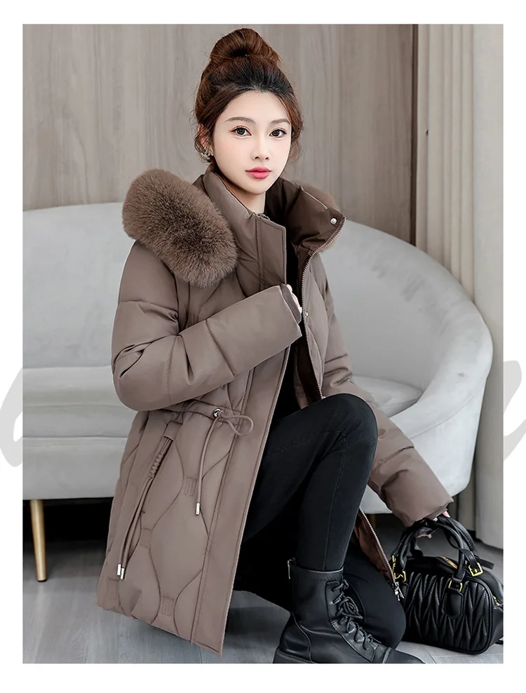 Simple Solid Color Large Fur Collar Hooded Removable Long-sleeved Down Cotton Jacket Women's 2025 Winter Thickened Warm Jacket