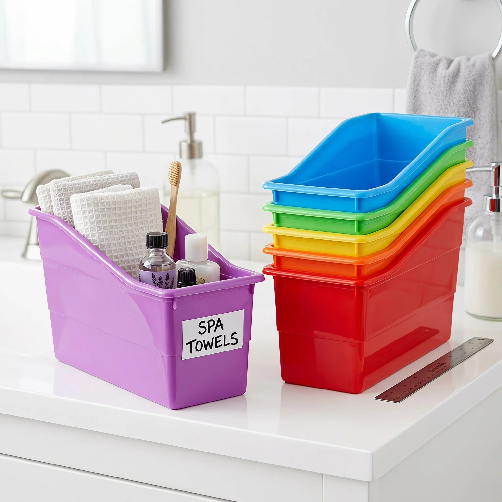 6Pcs Colorful Stackable Plastic Classroom Storage Crates Bins Organizer for Books Stationery Teacher Supplies Stackable Basket