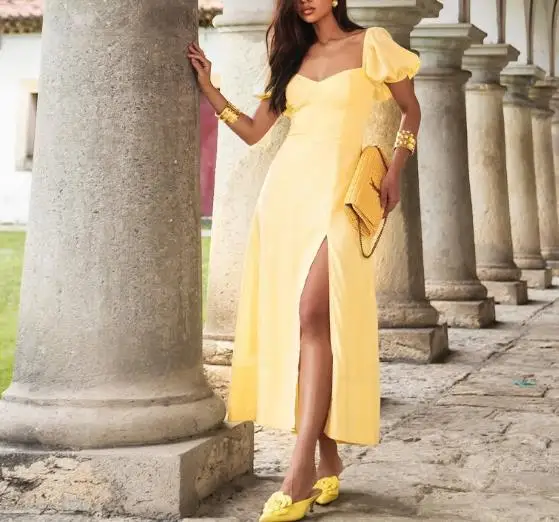 

Solid Color Short Sleeved Backless Tied Slit Dress with Summer V-Neck Bubble Sleeves, Women's Sexy Waist Cinched A-Line Dress