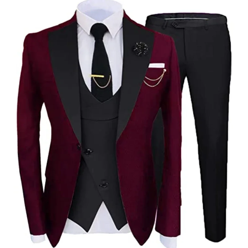 

Burgundy Black Mens Suits Fashion Slim Fit 3 Piece Wedding Tuxedos Elegant Party Blazer Vest Pants Set