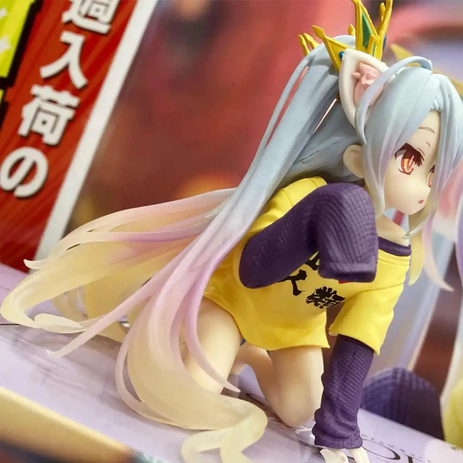Em estoque anime sem jogo sem vida: zero shiro desktop bonito figura branca para orelha de gato camiseta 10cm modelo brinquedo figura ornamentos presente