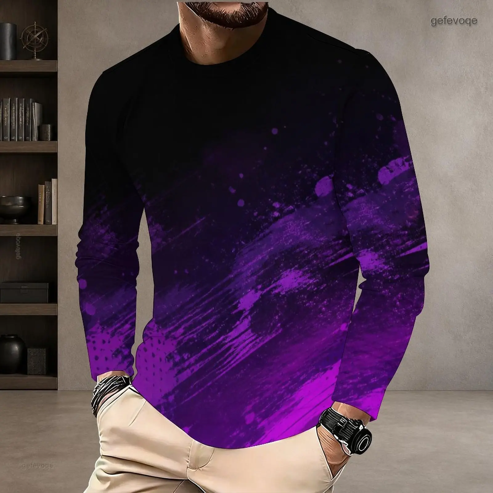 Men Round Neck Long Sleeve T Shirt Casual Tops Fashion Loose Pullover Daily Wear Shirts