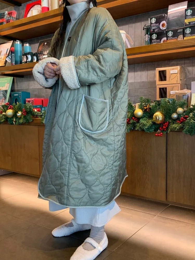 الرجعية زر واحد خروف الفراء طوق منتصف طول القطن Jaet المرأة شيك تنوعا Ele Sle معطف الشتاء