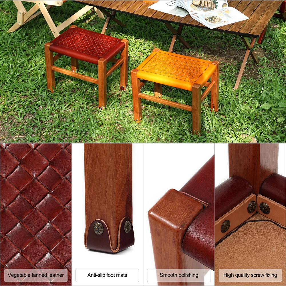 Genuine Leather Stool Handmade Woven&Solid Wood Four-Corner Changing Shoes Outdoor Camping Low