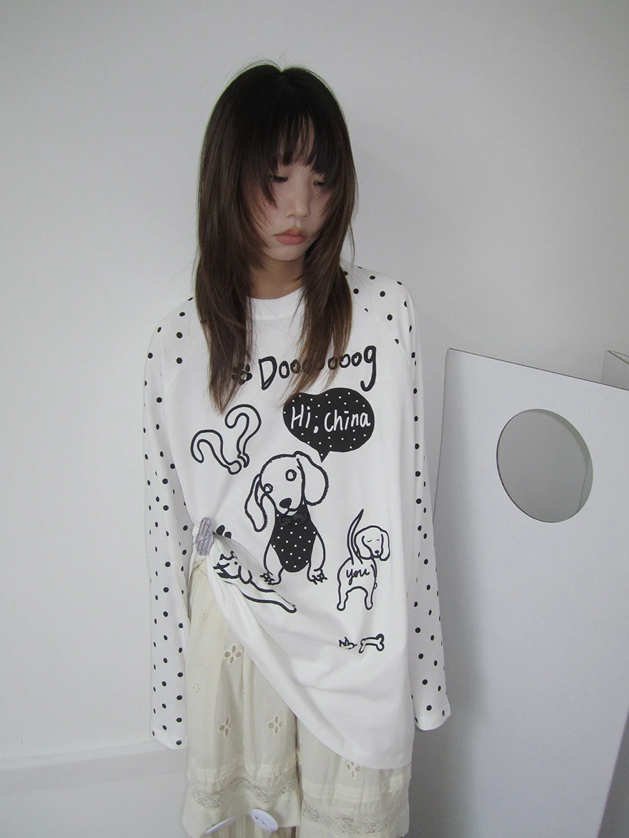 

Корейская женская футболка с длинным рукавом и круглым вырезом, с принтом собаки, свободного кроя, универсальный топ для повседневной носки, летняя модная повседневная одежда из хлопка