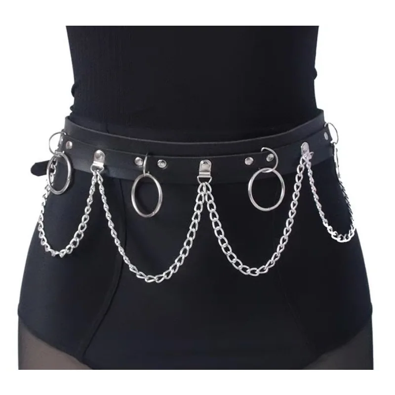 Women Punk Belt with Big Silver Ring Performance Jewelry Geometric Black Leather Waist Chain