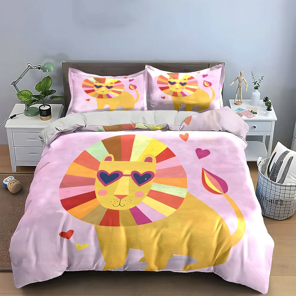 Colorful Lion Decor Set Soft Skin-Friendly Bedding Set Includes 1 Duvet Cover And 2 Pillowcase, Gift
