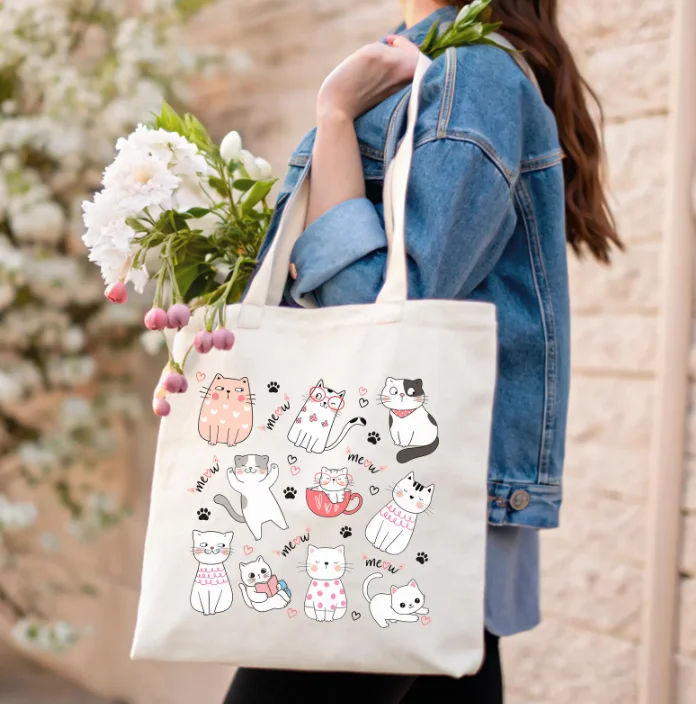 Cute Cat Collage Tote Bag Versatile Minimal Canvas Kawaii Shoulder Bag for Women Casual Reusable Shopping Handbag Minimalis