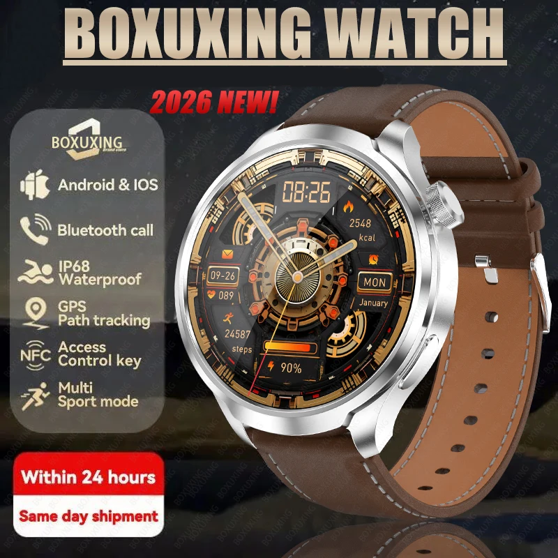2026 New BOXUXING Outdoor Sports Smart Watch Men AMOLED Screen NFC GPS Compass Heart rate Waterproof Bluetooth Call SmartWatch