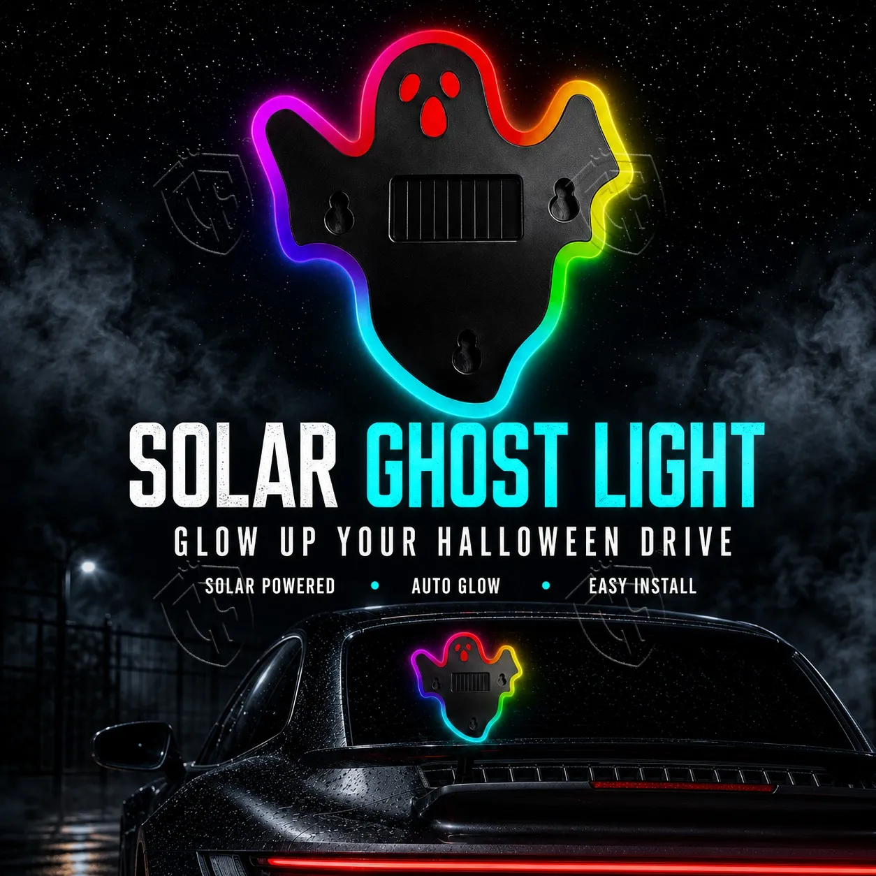Solar Ghost LED Car Ambient Light Halloween USB Rechargeable RGB Dynamic Rear Windshield Expression Lamp Auto Interior Decor