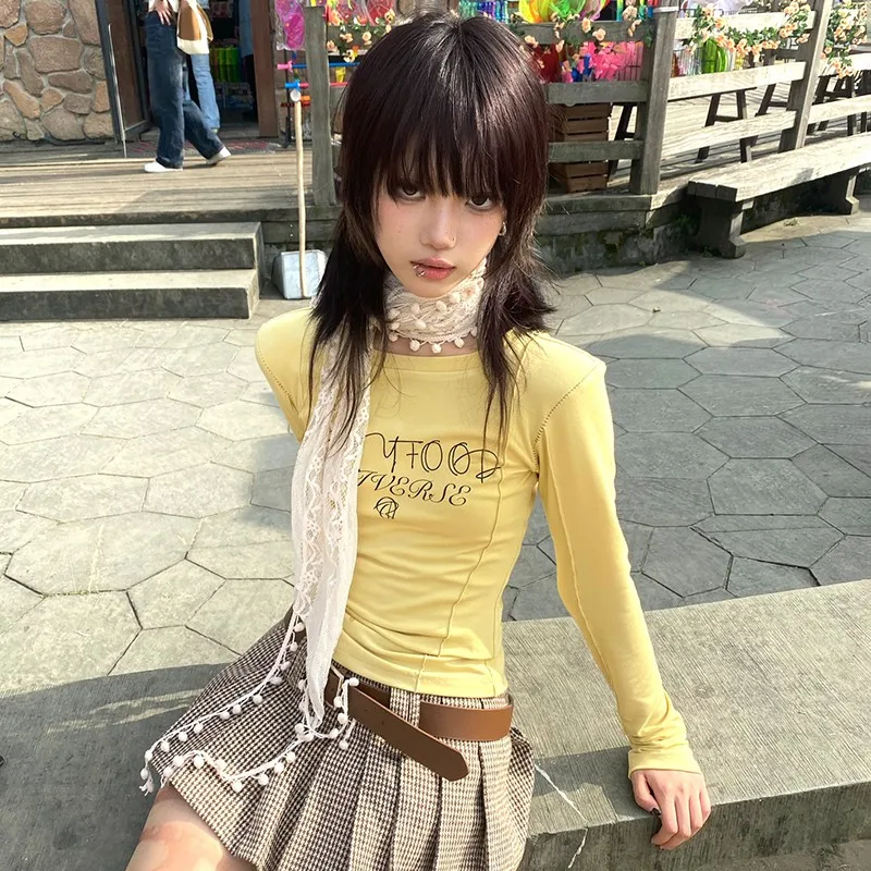 Karrram Japanese Y2k Letter Print T-shirt Vintage Harajuku Yellow Crop Top 2000s Style Aesthetics Long Sleeve T Shirt Fairycore