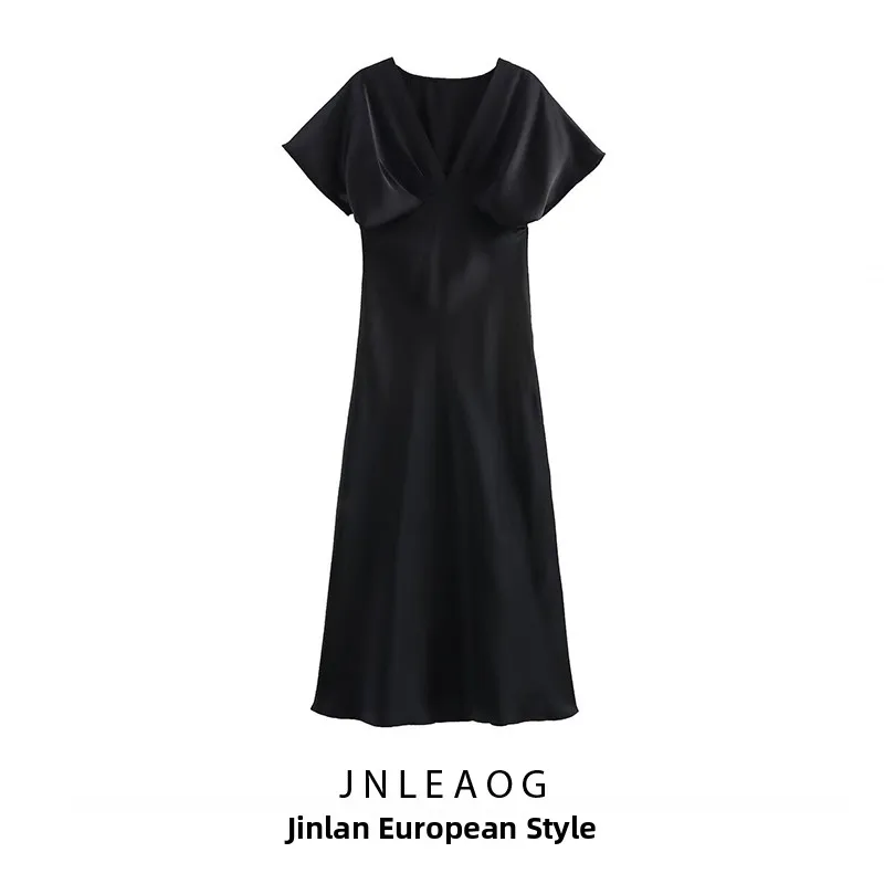 Ele Silk Satin Midi Dr JNLEAOG Damska Sukienka Midi z Satyny Jedwabnej, Nowy Model Jesienny, Dekolt w Serek, Casualowa, Jednoczęściowa, Poliester...