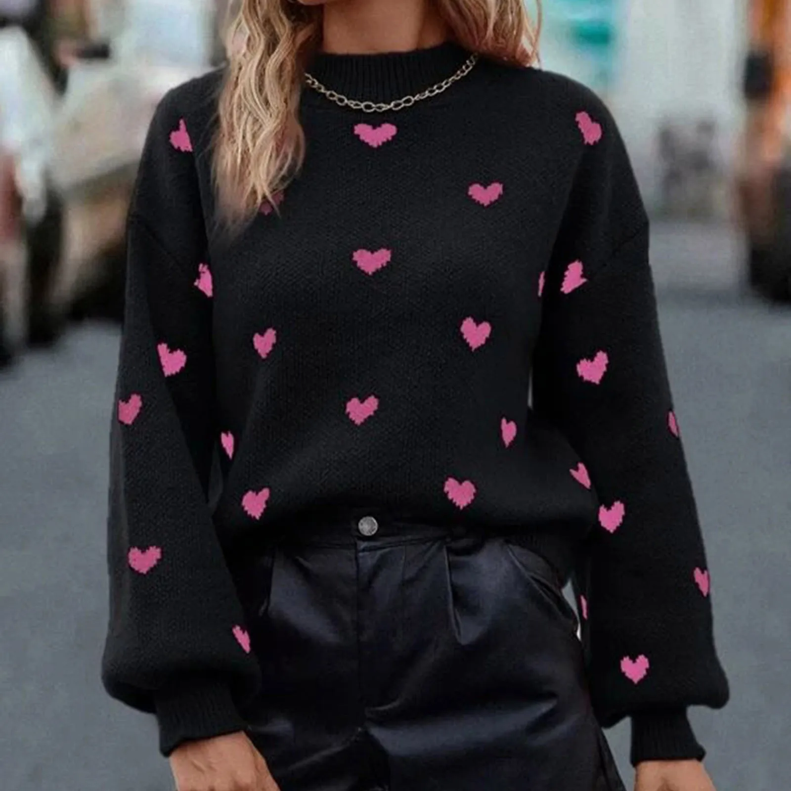 Women Heart Love Print Sweater Spring Autumn Warm Crew Neck Long Sleeve Knitted Pullovers Oversized Jumper Valentine Knitwear