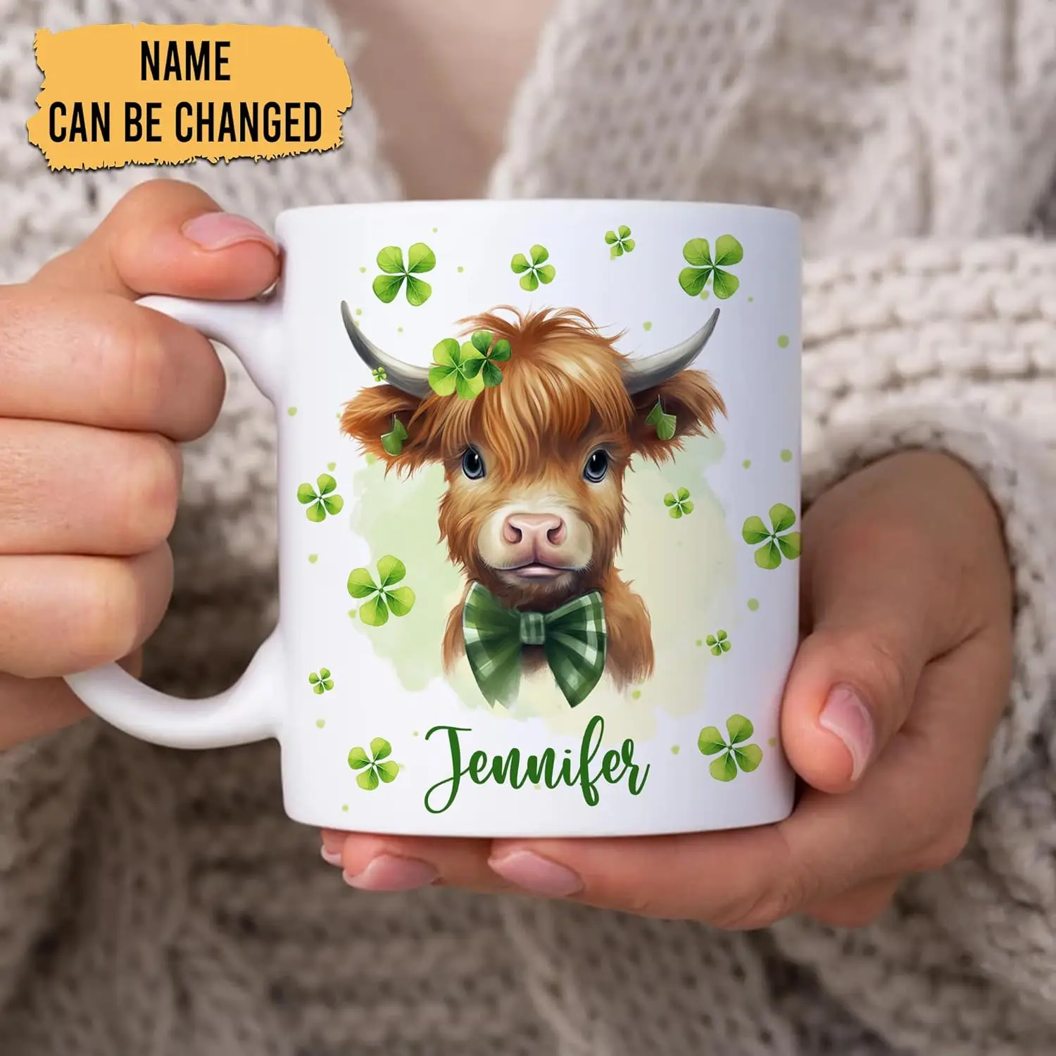 Personalized Gifts Highland Cow Lover - Highland Cow With Lucky Four Leaf Clover Custom Ceramic Coffee Mug Cup 11oz