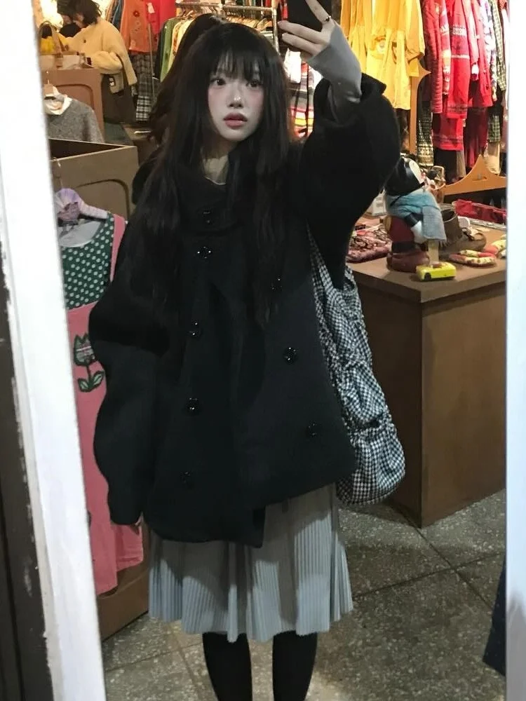 Retro Academic Style Woolen Coat Women's Loose Hooded Stand Collar Double Buttoned Outerwear Japanese Style Thick Winter Coat