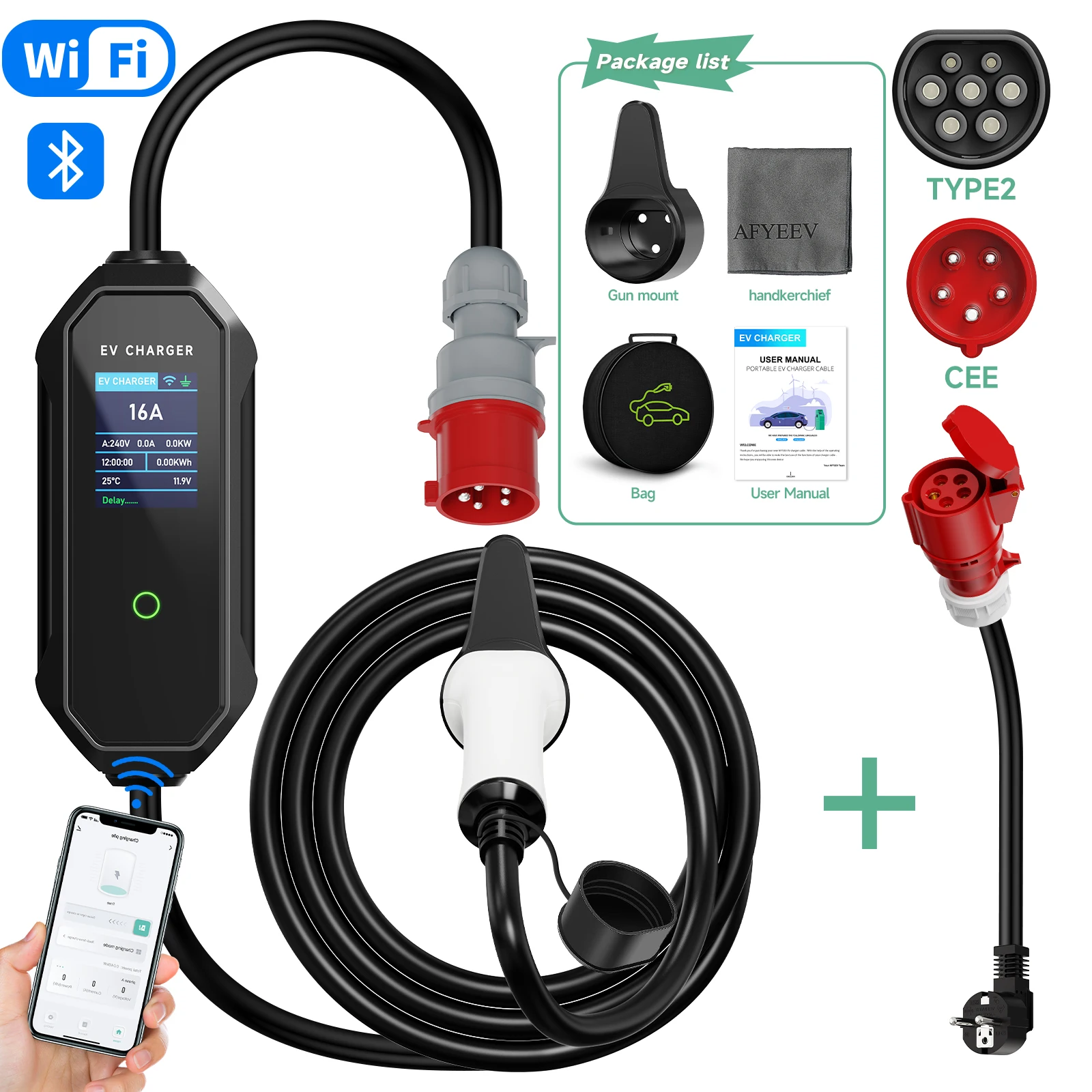 

AFYEEV 11KW Portable EV Charger Type2/GBT EVSE Charging Box CEE Plug Car Charger 3 Phase With WIFI APP Control for Electric Cars