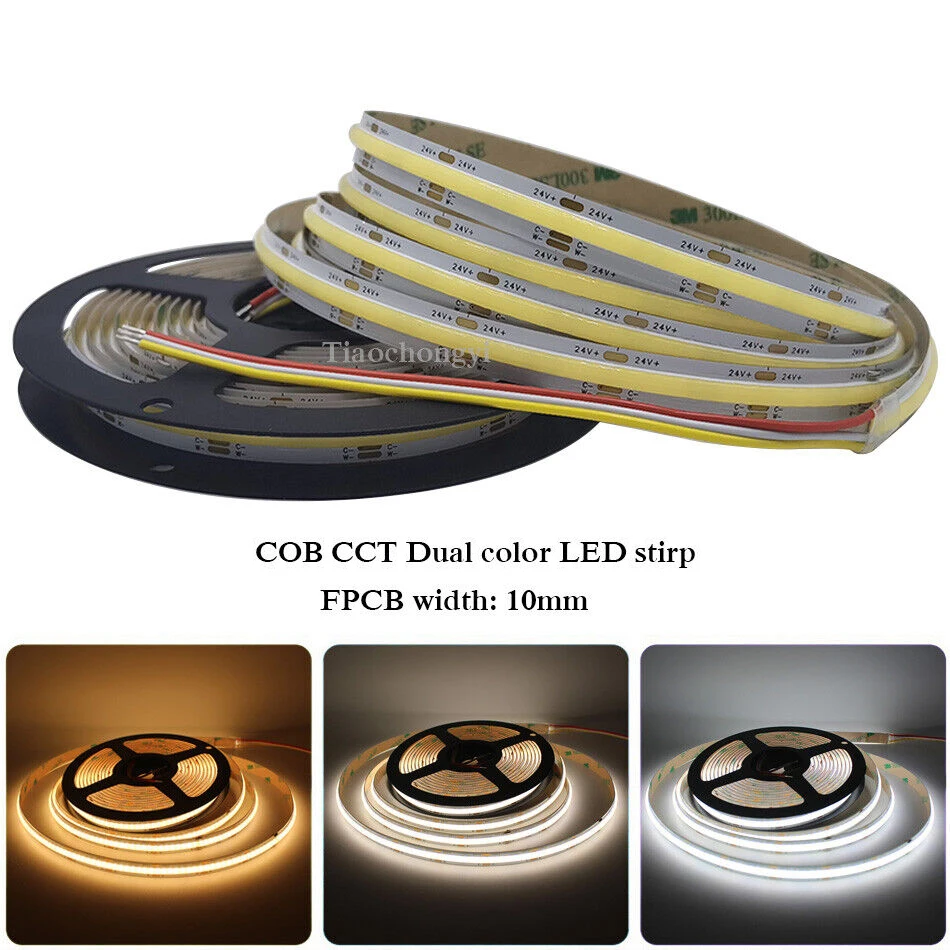 DC12V 24V COB CCT LED Light Strip  High Density Flexible FOB 10mm Led Lights RA90 Warm White with White Linear Dimmable