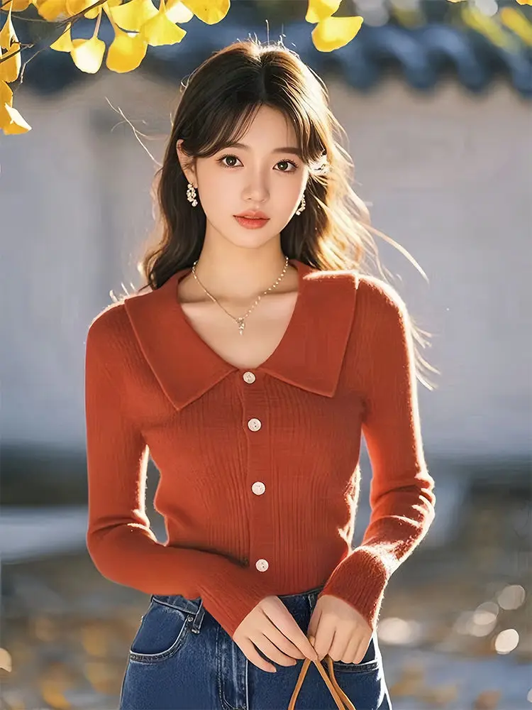 Red Knitted Shirt Women's New Bottom Cardigan Explosive Fashion Western Long Sleeve Top