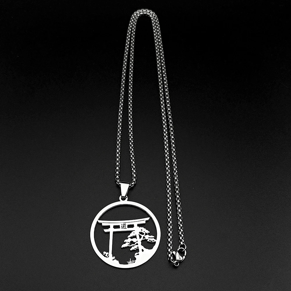 Bonsai-Kiefer-Torii-Tor-Wandkette für Damen und Herren, Edelstahl, silberfarben, japanischer Taoismus, Enso-Halskette, Schmuckzubehör – Detail 7