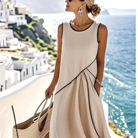 

Fashion Contrast Color Vacation Beach Dress Woman Spring O Neck Draped Pocket Long Dress Casual Sleeveless Loose Summer Sundress
