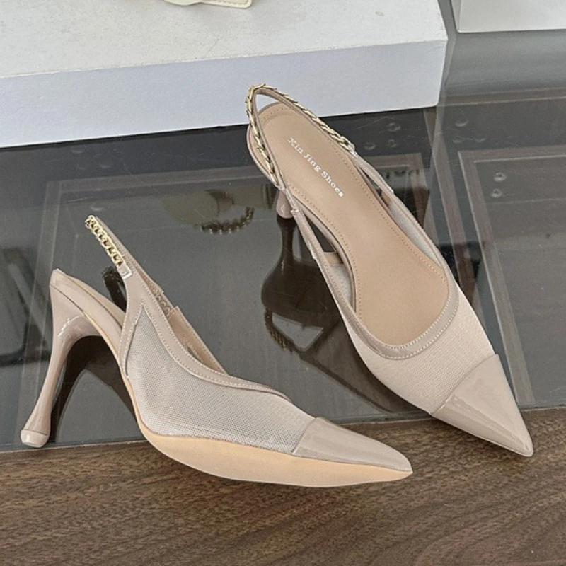 

Mesh Fashion Breathable Sandals Women Metal Chain Shallow Pointed Toe Pumps Woman Elegant Dress Fashion Brand High Heels Ladies