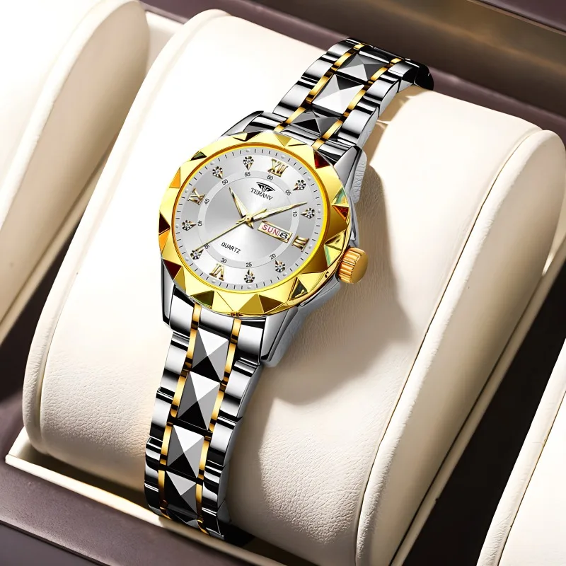 Fashion Women's Watch, Rhombus Double Calendar Luminous Steel Belt Quartz Watch