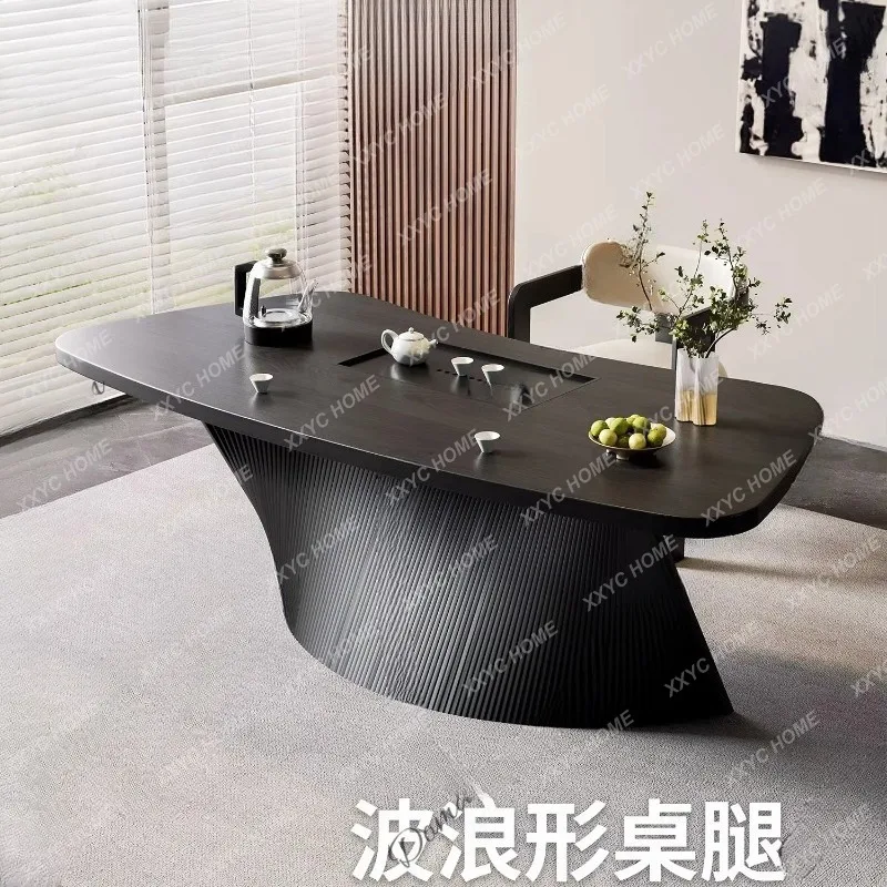 XXLuxury Solid Wood Curved Balcony Tea Table with Built-in Kettle Minimalist Office Tea Station