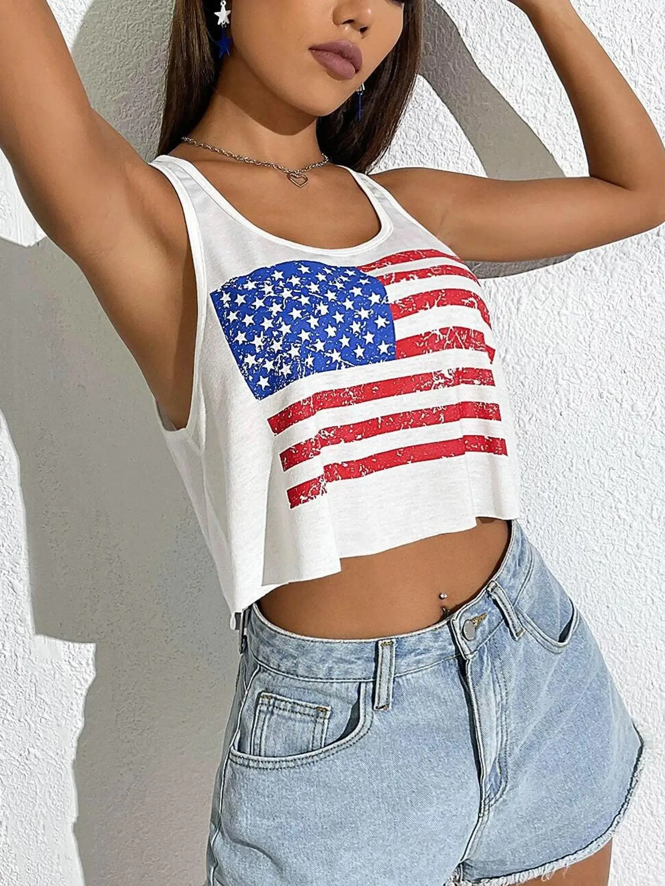 

Женская мода, универсальный камзол, жилет с принтом флага, женский повседневный жилет с круглым вырезом, свободные подтяжки, летние женские топы