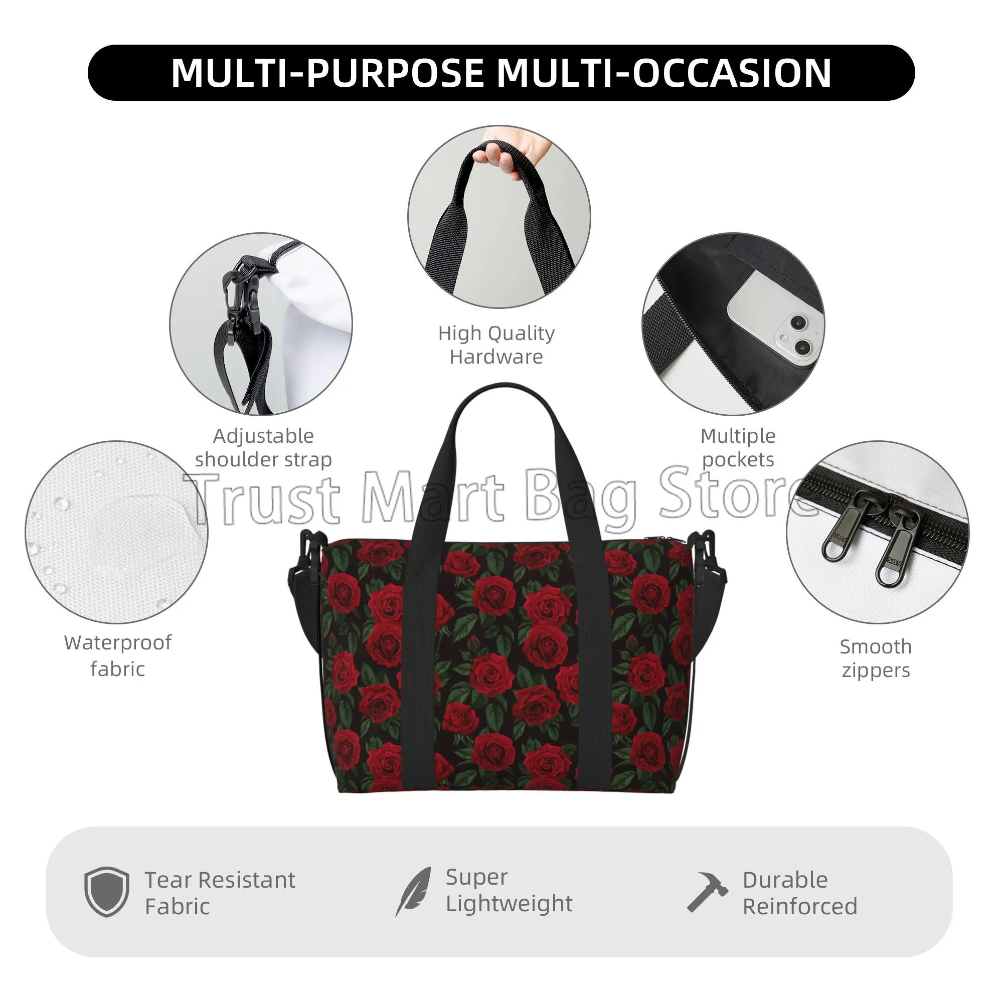 Red Rose Flower Print Travel Duffel Bags Women Ladies Weekender Overnight Bag Portable Waterproof Tote Bag for Gym Beach Daily