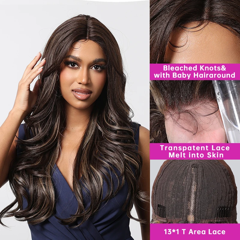 T Lace Front Curly Synthetic Wigs for Afro Women Black Brown Highlight Middle Part Wig Lace Hair Daily Wigs Heat Resistant Fiber