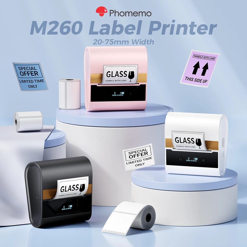 

Портативный принтер для этикеток 20-80 мм Phomemo M260, большой принтер для изготовления этикеток, Bluetooth, бесчернильный термопринтер для бизнеса, домашнего офиса