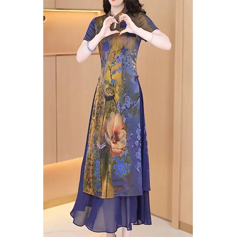 Chinese Style Modified Cheongsam Purple Style High-grade Dress Large Size Skirt With Meat Covered Crotch Knee Length Covered Ski