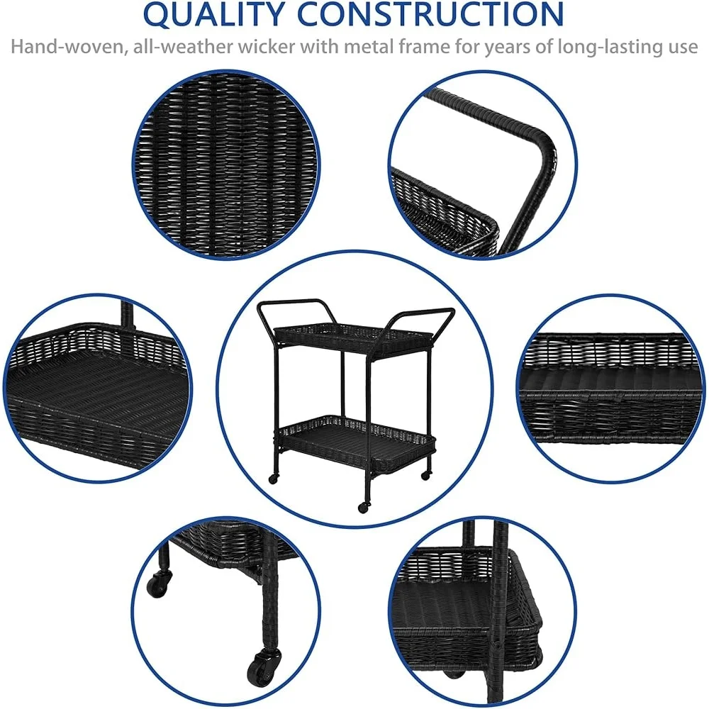 Wicker Patio Serving Cart Steel Frame Durable Outdoor Rolling Cart All Weather Synthetic Resin Wicker Easy Clean Simple Assembly