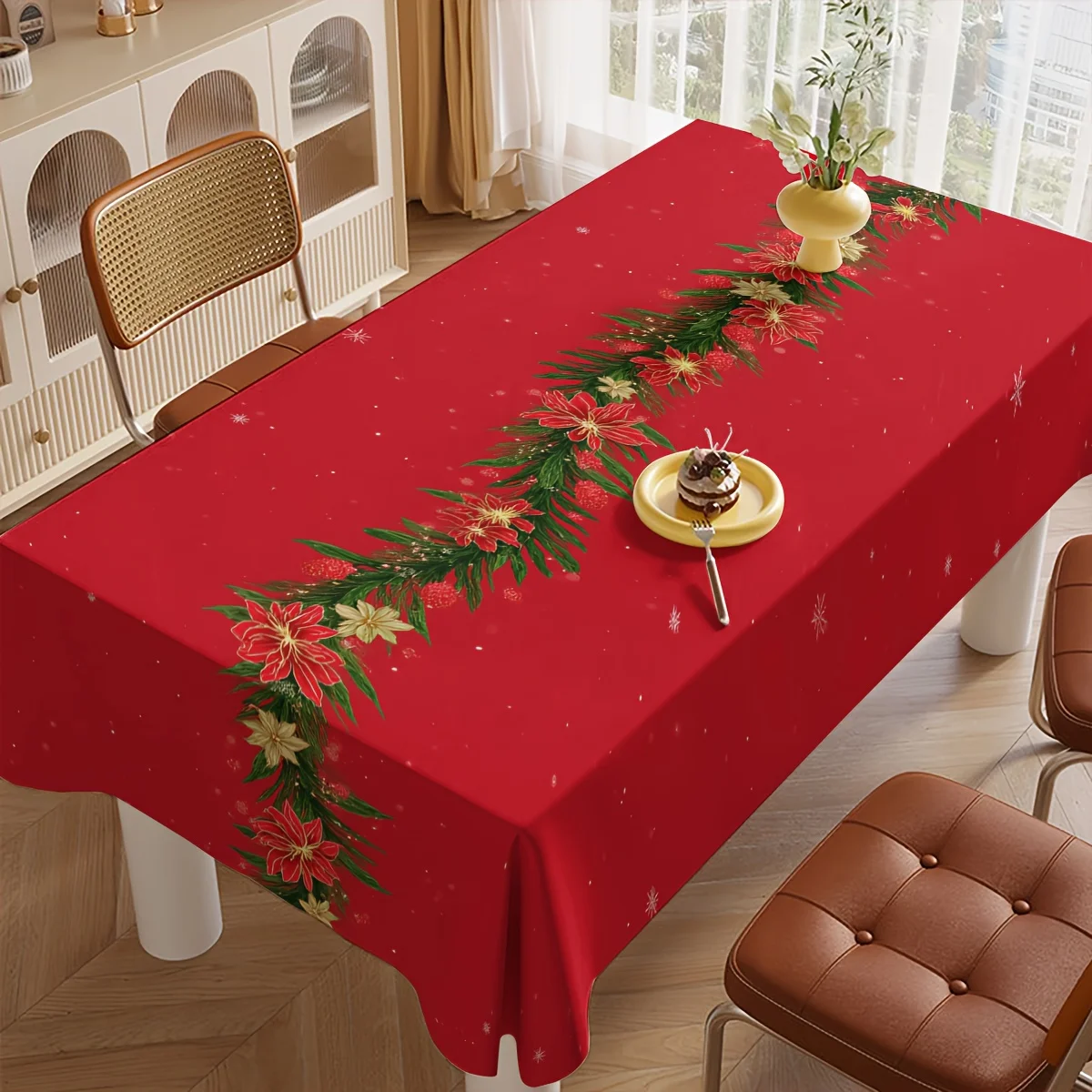 1 PC Red Christmas Flower Branch and Leaf Printed Tablecloth, Easy to Clean Modern Tablecloth, Christmaszyc